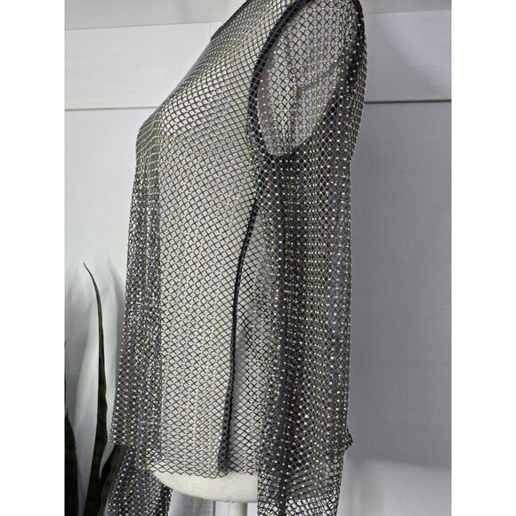 Rachel Zoe Gray Mesh Top Sparkle Iridescence Rhinestone Stretch Bling Small - Picture 5 of 7